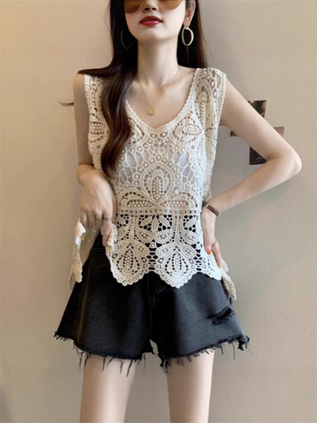 Top vest croșetat cu găuri, guler rotund, fără mâneci, bumbac, croi lejer