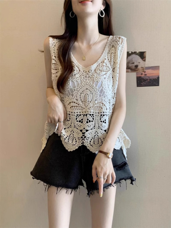 Top vest croșetat cu găuri, guler rotund, fără mâneci, bumbac, croi lejer