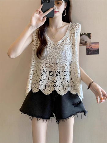 Top vest croșetat cu găuri, guler rotund, fără mâneci, bumbac, croi lejer