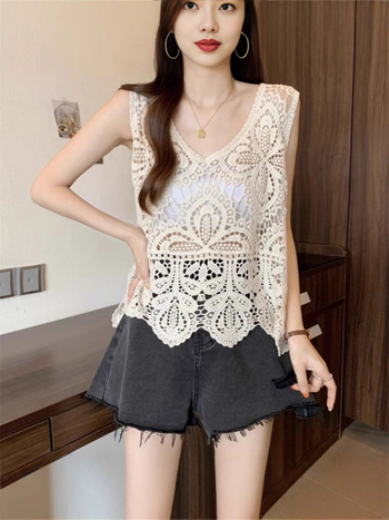 Top vest croșetat cu găuri, guler rotund, fără mâneci, bumbac, croi lejer