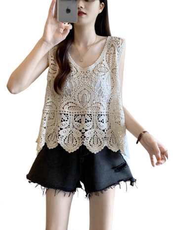 Top vest croșetat cu găuri, guler rotund, fără mâneci, bumbac, croi lejer