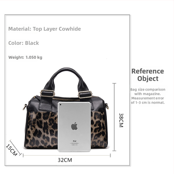 Dámska taška z pravej kože, leopard vzor, Boston štýl, vodorovný štvorcový tvar, polyesterová podšívka, na denné nosenie