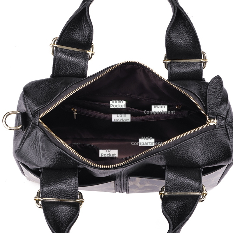 Dámska taška z pravej kože, leopard vzor, Boston štýl, vodorovný štvorcový tvar, polyesterová podšívka, na denné nosenie