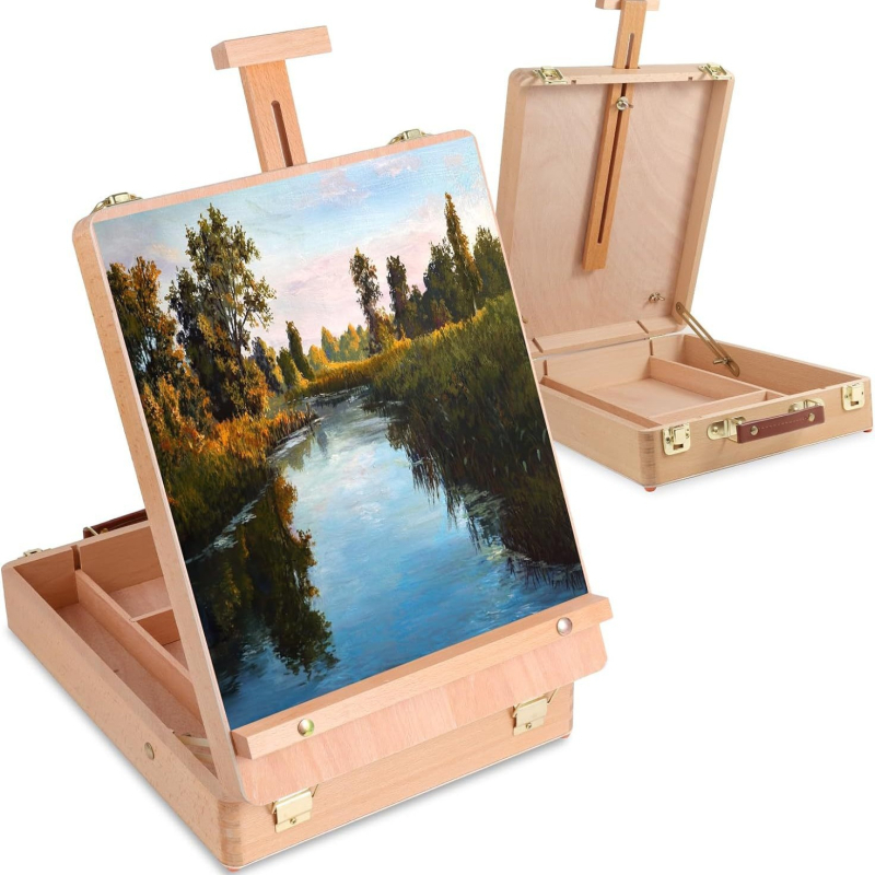 Cutie pentru șevalet de pictură – lemn natural, cutie de depozitare pentru unelte de schițe, logo imprimat