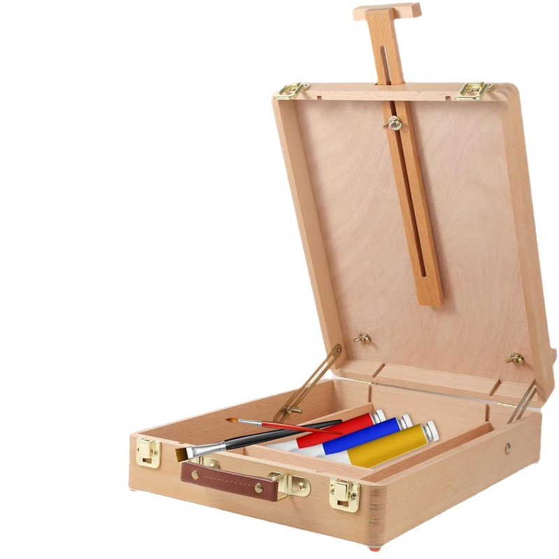 Medinė dėžutė tapybos molbertui – natūralus medis, sandėliavimo dėžutė eskizėms, su spausdintu logotipu