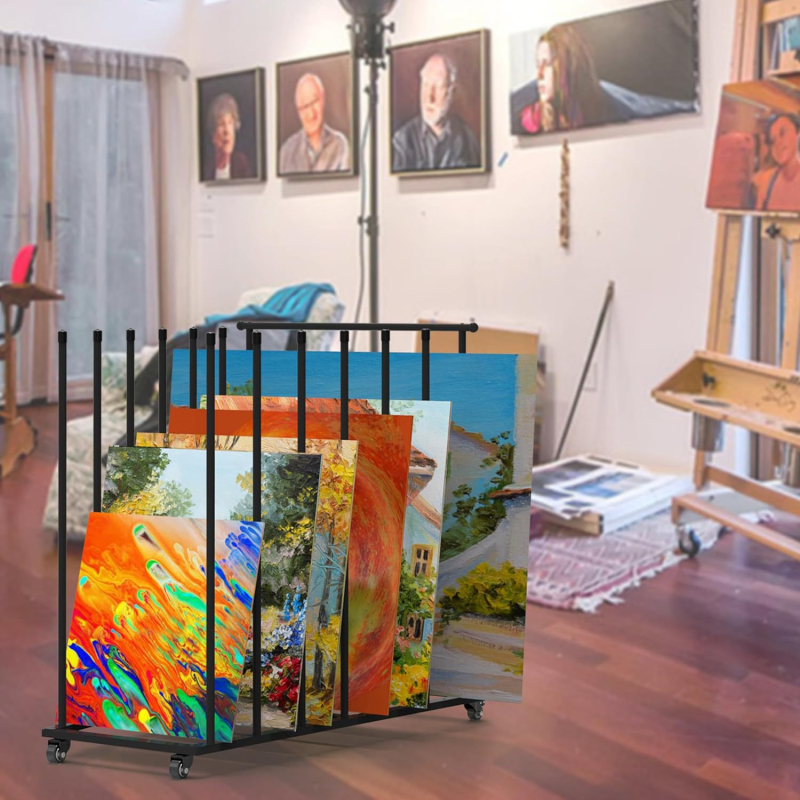 Разтегателна стойка от въглеродна стомана за рисувални дъски и художествени произведения — вертикална подова конструкция, 1 етаж, за съхранение и експониране в дневната