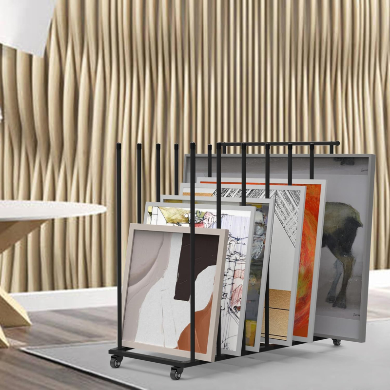 Разтегателна стойка от въглеродна стомана за рисувални дъски и художествени произведения — вертикална подова конструкция, 1 етаж, за съхранение и експониране в дневната