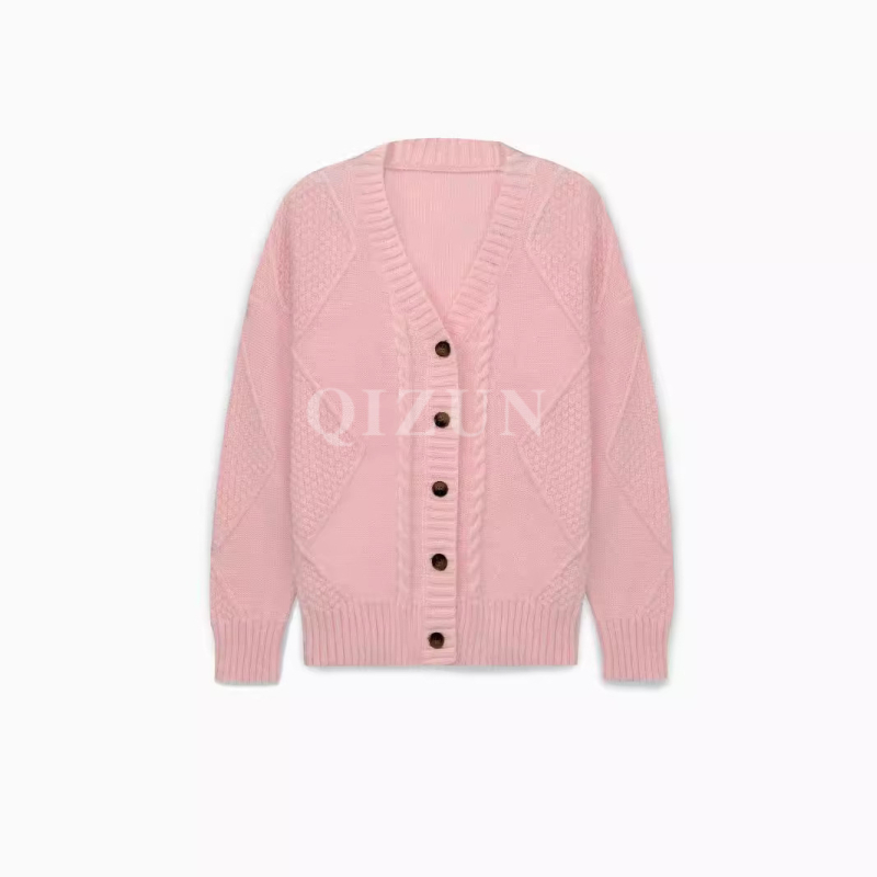 Női kötött kardigán V-nyakú, hosszú ujjú, paneles kialakítás, közepes vastagságú poliészter anyag