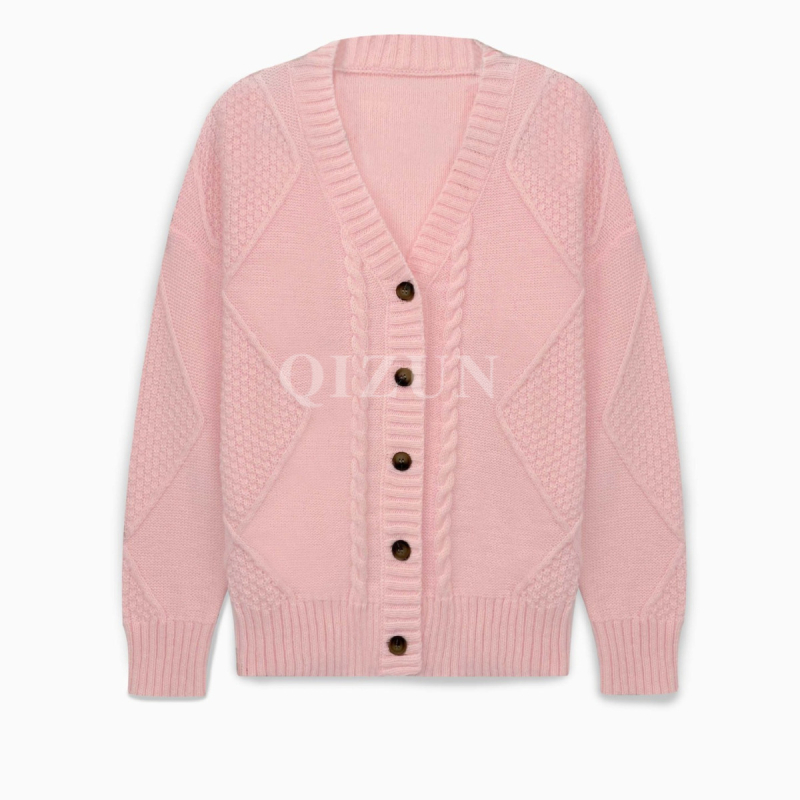 Női kötött kardigán V-nyakú, hosszú ujjú, paneles kialakítás, közepes vastagságú poliészter anyag