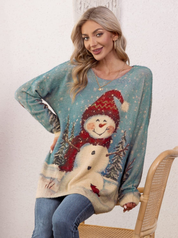 Moteriški laisvo kirpimo megztinis su gėlių atspaudu, apvali kakla, ilgomis rankovėmis, tankus megztinis iš nailono ir poliesterio mišinio, vidutinio ilgio, ruduo 2024