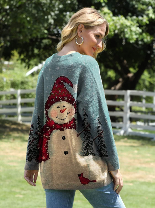 Moteriški laisvo kirpimo megztinis su gėlių atspaudu, apvali kakla, ilgomis rankovėmis, tankus megztinis iš nailono ir poliesterio mišinio, vidutinio ilgio, ruduo 2024