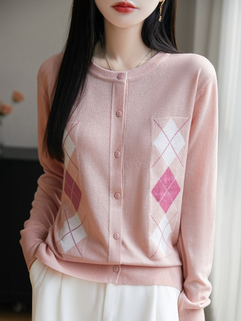 Ζακέτα από μαλλί με γεωμετρικό μοτίβο διαμαντόζακάρ, στρογγυλός λαιμός, μακριά μανίκια, λεπτό πλέξιμο, αστικός στυλ μετακίνησης