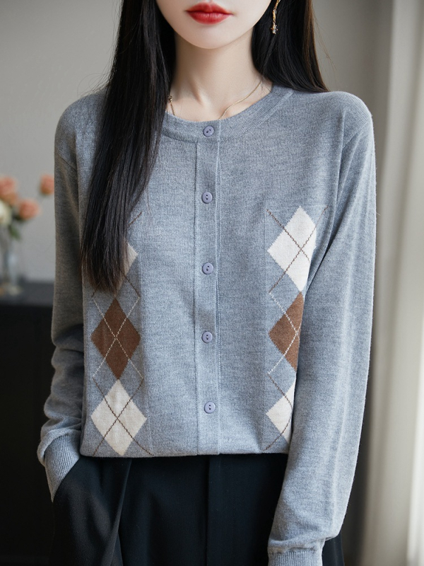 Ζακέτα από μαλλί με γεωμετρικό μοτίβο διαμαντόζακάρ, στρογγυλός λαιμός, μακριά μανίκια, λεπτό πλέξιμο, αστικός στυλ μετακίνησης