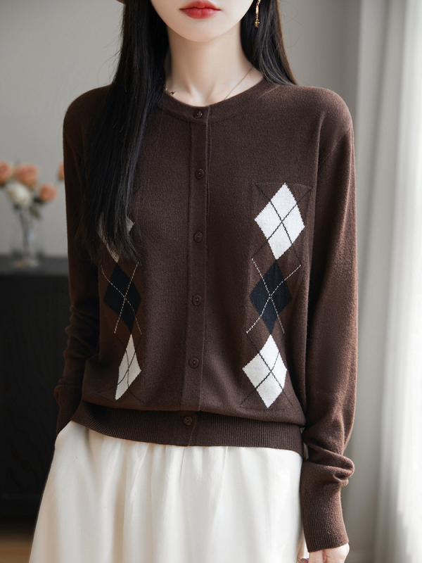 Ζακέτα από μαλλί με γεωμετρικό μοτίβο διαμαντόζακάρ, στρογγυλός λαιμός, μακριά μανίκια, λεπτό πλέξιμο, αστικός στυλ μετακίνησης