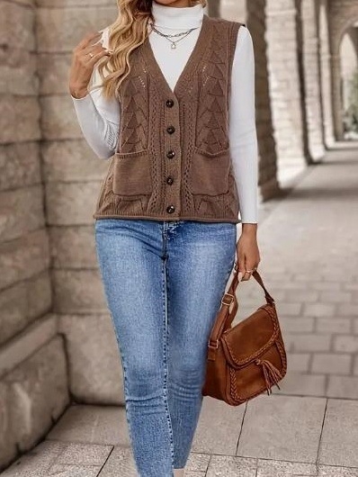 Naiste kootud vest V-kaelusega, Derong kangas, Polüester 95%+, Ees nuppude rida, Pikkus 50–65 cm