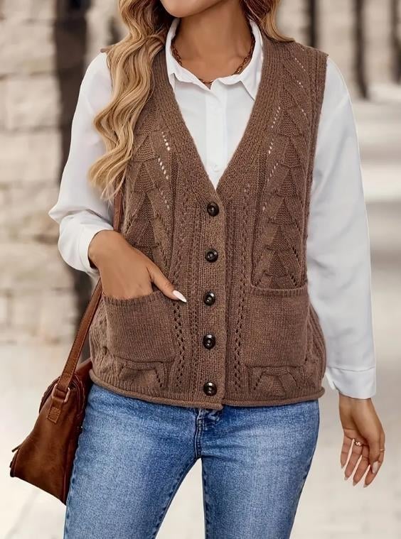 Sieviešu adīta veste ar V kaklu, Derong audums, Poliesteris 95%+, Priekšējā pogu rinda, Garums 50–65 cm