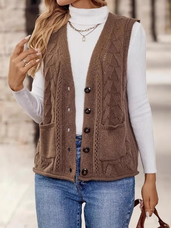 Naiste kootud vest V-kaelusega, Derong kangas, Polüester 95%+, Ees nuppude rida, Pikkus 50–65 cm