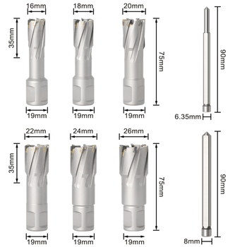 JGZUI 0023-9: набор от 6 свредла – кухи (hollow), магнитни (magnetic), коронкови (core) и карбидни (carbide) за пробиване в стоманени плочи