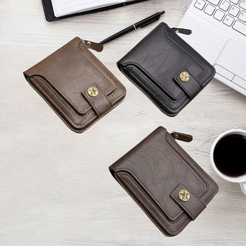 Muški novčanik od PU kože sa zaključavanjem, retro stil, jednobojni uzorak, podstava od poliestera, otisnuti logo