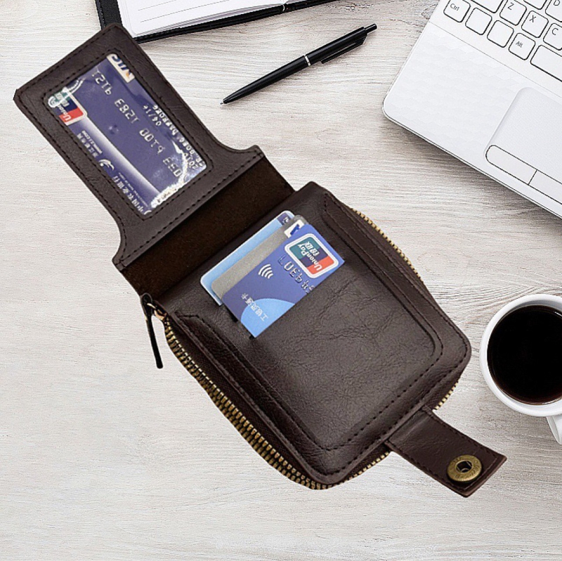 Muški novčanik od PU kože sa zaključavanjem, retro stil, jednobojni uzorak, podstava od poliestera, otisnuti logo