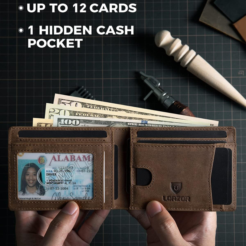 Muški novčanik od Crazy Horse kože s RFID i Airtag trackerom – Prava koža, reljefni uzorak, poliester podstava