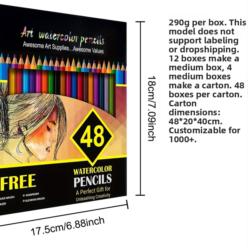48 цветни водоразтворими моливи за рисуване за ученици и начинаещи (материал на корпуса: хартия; тип: друго)