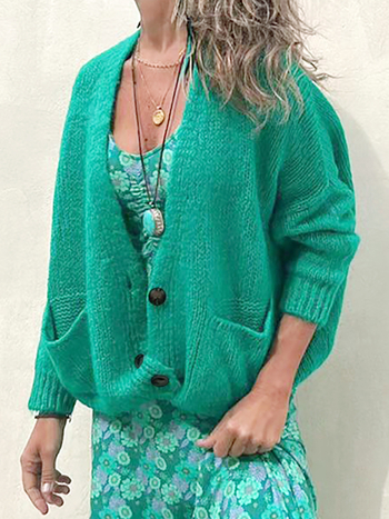 Pleteni kardigan-svijet s V izrezom, dugi rukavi, poliester, slobodan kroj, duljina 50–65 cm, japansko-korejski ležerni stil