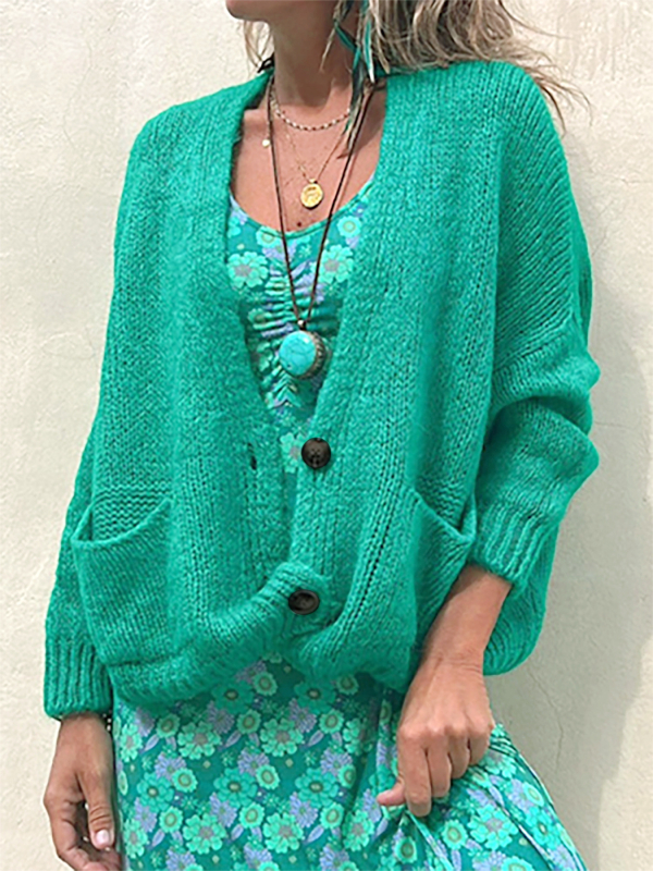 Pleteni kardigan-svijet s V izrezom, dugi rukavi, poliester, slobodan kroj, duljina 50–65 cm, japansko-korejski ležerni stil