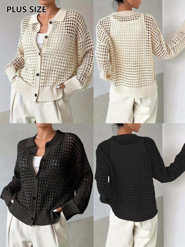 Cardigan s reverom, opušteni kroj, duži rukavi, perforirani uzorak, poliester tkanina