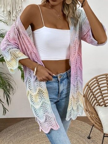 Pleteni pulover s prorezanim geometrijskim uzorkom, tanak materijal, slobodan kroj, 3/4 rukavi