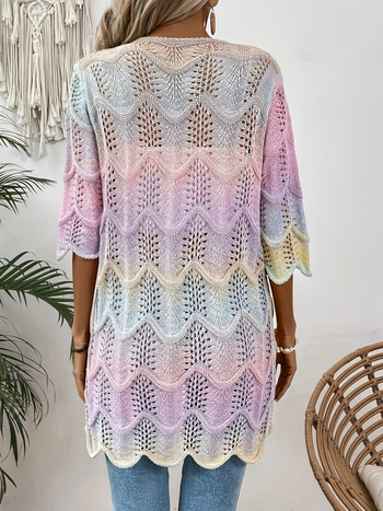 Pleteni pulover s prorezanim geometrijskim uzorkom, tanak materijal, slobodan kroj, 3/4 rukavi