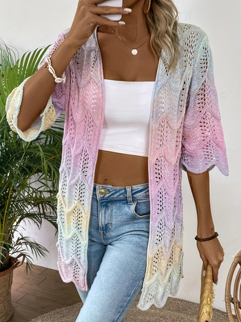 Pleteni pulover s prorezanim geometrijskim uzorkom, tanak materijal, slobodan kroj, 3/4 rukavi