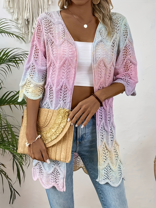 Pleteni pulover s prorezanim geometrijskim uzorkom, tanak materijal, slobodan kroj, 3/4 rukavi