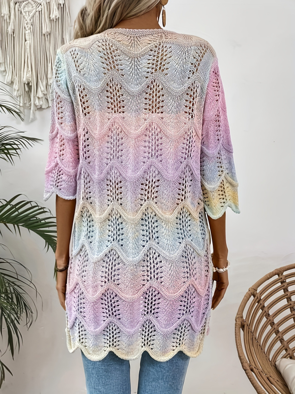 Pleteni pulover s prorezanim geometrijskim uzorkom, tanak materijal, slobodan kroj, 3/4 rukavi