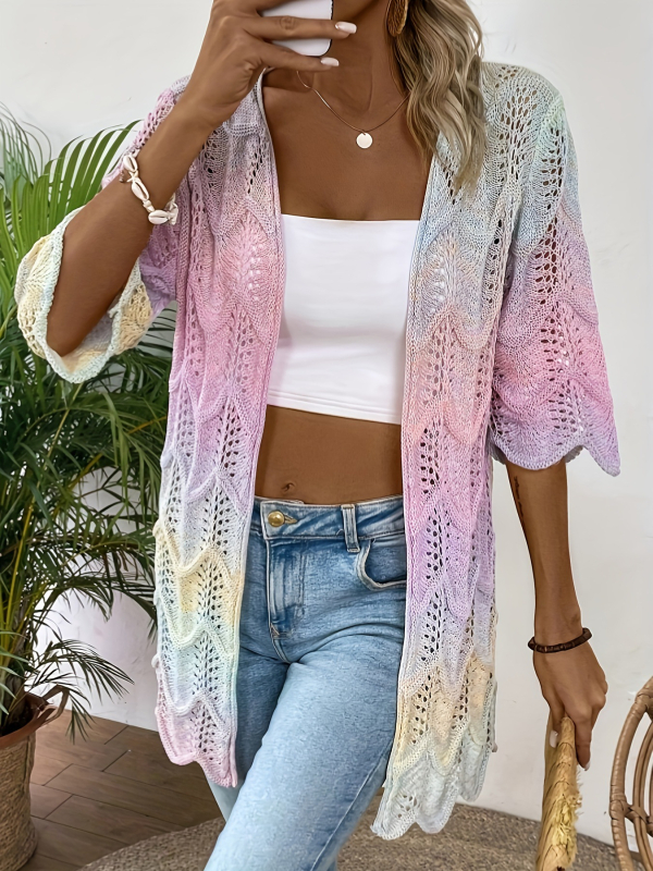 Pleteni pulover s prorezanim geometrijskim uzorkom, tanak materijal, slobodan kroj, 3/4 rukavi