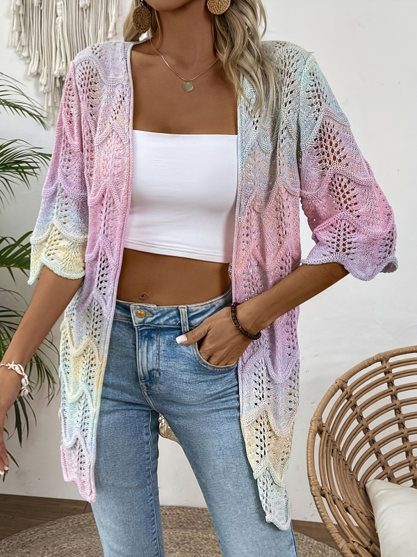 Pleteni pulover s prorezanim geometrijskim uzorkom, tanak materijal, slobodan kroj, 3/4 rukavi