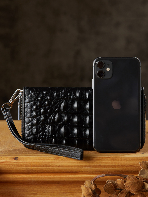 Ръчно изработен мъжки дълъг портфейл с цип – висококачествена кожа от първи слой кравешка, кожа с крокодилски модел, едноцветен, подплата полиестер, уличен стил