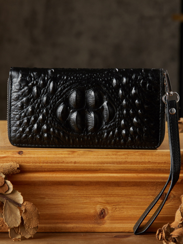 Ръчно изработен мъжки дълъг портфейл с цип – висококачествена кожа от първи слой кравешка, кожа с крокодилски модел, едноцветен, подплата полиестер, уличен стил