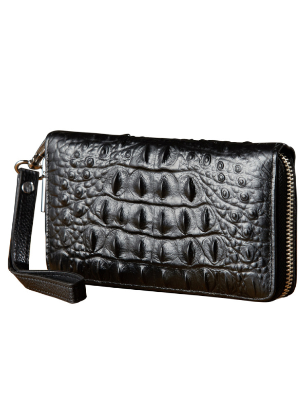 Ръчно изработен мъжки дълъг портфейл с цип – висококачествена кожа от първи слой кравешка, кожа с крокодилски модел, едноцветен, подплата полиестер, уличен стил