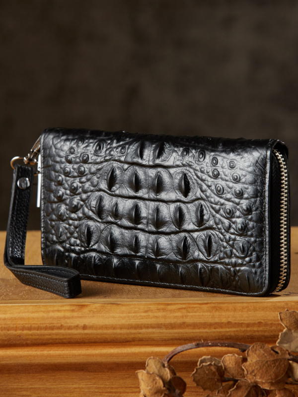 Ръчно изработен мъжки дълъг портфейл с цип – висококачествена кожа от първи слой кравешка, кожа с крокодилски модел, едноцветен, подплата полиестер, уличен стил