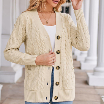 Embroidirani žakard pleteni kardigan s V-izrezom, uskog kroja, tkanina od pamuka-poliester-akril, podstava od akrila