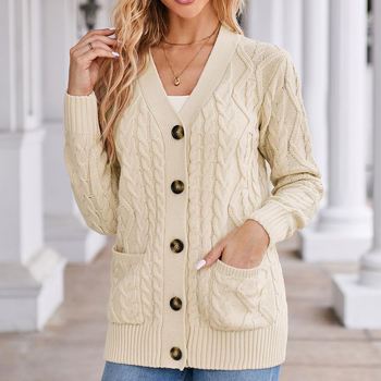 Embroidirani žakard pleteni kardigan s V-izrezom, uskog kroja, tkanina od pamuka-poliester-akril, podstava od akrila