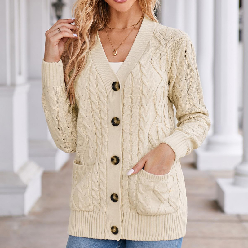 Embroidirani žakard pleteni kardigan s V-izrezom, uskog kroja, tkanina od pamuka-poliester-akril, podstava od akrila