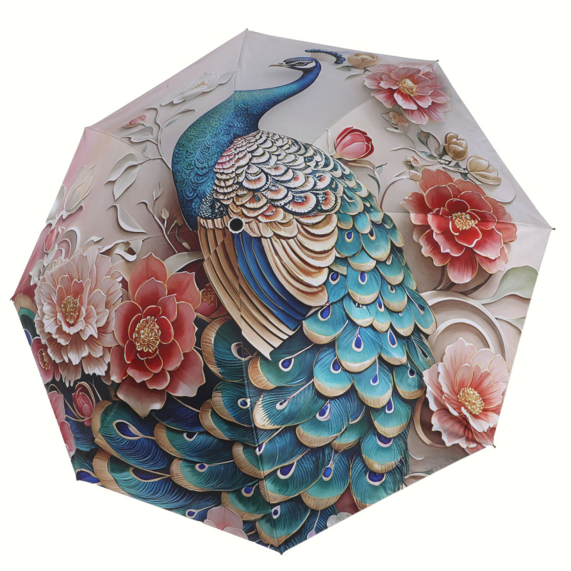 Retro kinų stiliaus paukščio motyvo saulės skėtis, 8 skersvėjų plieninis rėmas, vinilo 190T audinys, rankinis atidarymas-uždarymas, UPF > 40, logotipo spausdinimo galimybė