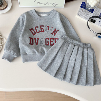 Dječji set za djevojčice: duk s plisiranom suknjom i natpisom – korejski stil, dva dijela, dugi rukavi