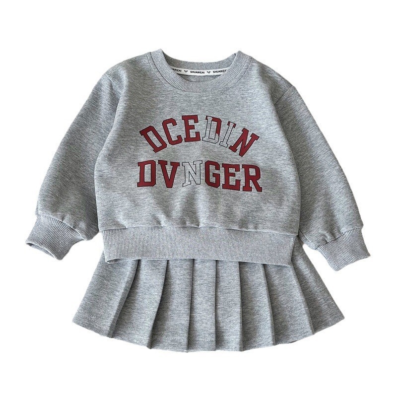 Dječji set za djevojčice: duk s plisiranom suknjom i natpisom – korejski stil, dva dijela, dugi rukavi