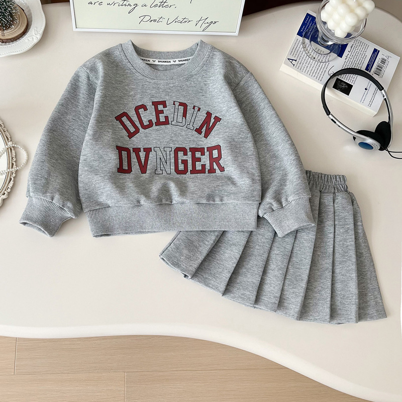 Dječji set za djevojčice: duk s plisiranom suknjom i natpisom – korejski stil, dva dijela, dugi rukavi