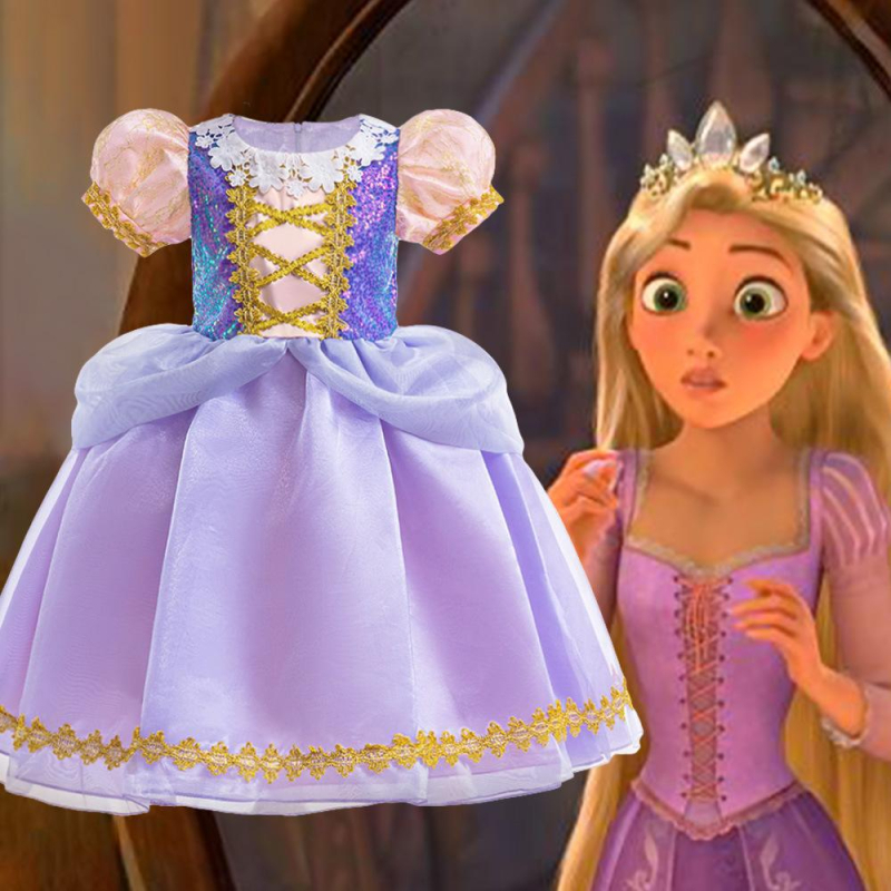 Djevojačka haljina za princeze s flitterima i mrežastim umetkom, za djevojčice uzrasta 3–8 godina, tkanina poliester–pamuk smjesa (65% poliester, 35% pamuk za podlogu), obrada: presavijanje, premazivanje, rezanje, enzimsko pranje, AQL 2.5