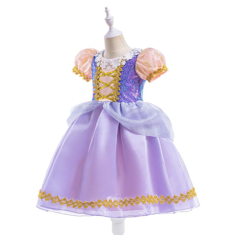 Djevojačka haljina za princeze s flitterima i mrežastim umetkom, za djevojčice uzrasta 3–8 godina, tkanina poliester–pamuk smjesa (65% poliester, 35% pamuk za podlogu), obrada: presavijanje, premazivanje, rezanje, enzimsko pranje, AQL 2.5