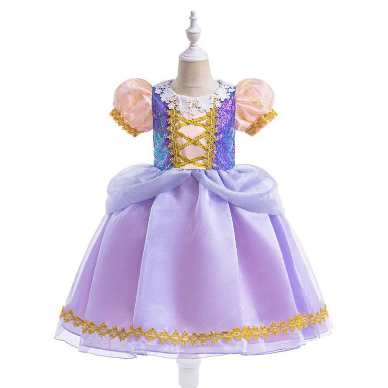 Djevojačka haljina za princeze s flitterima i mrežastim umetkom, za djevojčice uzrasta 3–8 godina, tkanina poliester–pamuk smjesa (65% poliester, 35% pamuk za podlogu), obrada: presavijanje, premazivanje, rezanje, enzimsko pranje, AQL 2.5